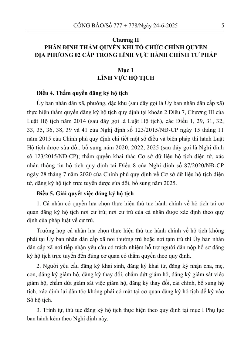 Gazette page of the decree on two-level local government with the civil-status articles on which office registers and on the choice of place.