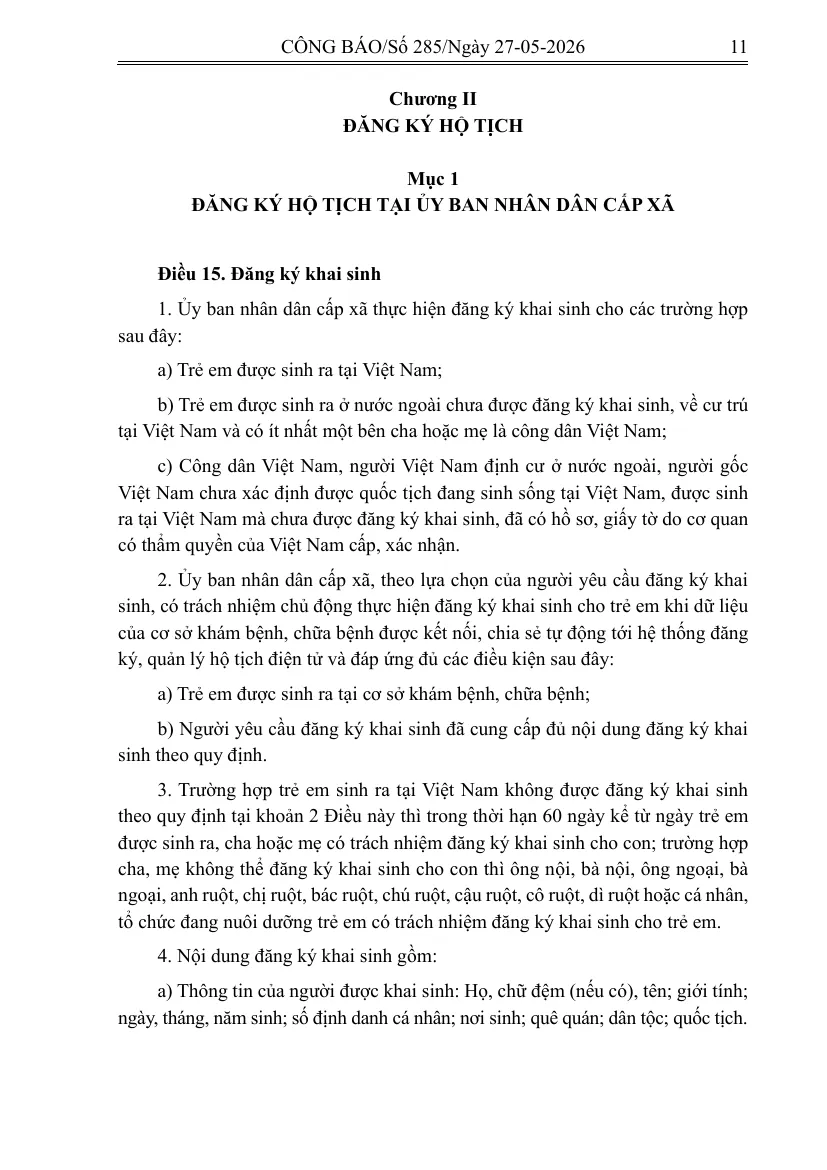 Gazette page of the new Law on Civil Status with the birth registration article, covering registration started from hospital data and the deadline for the parents.