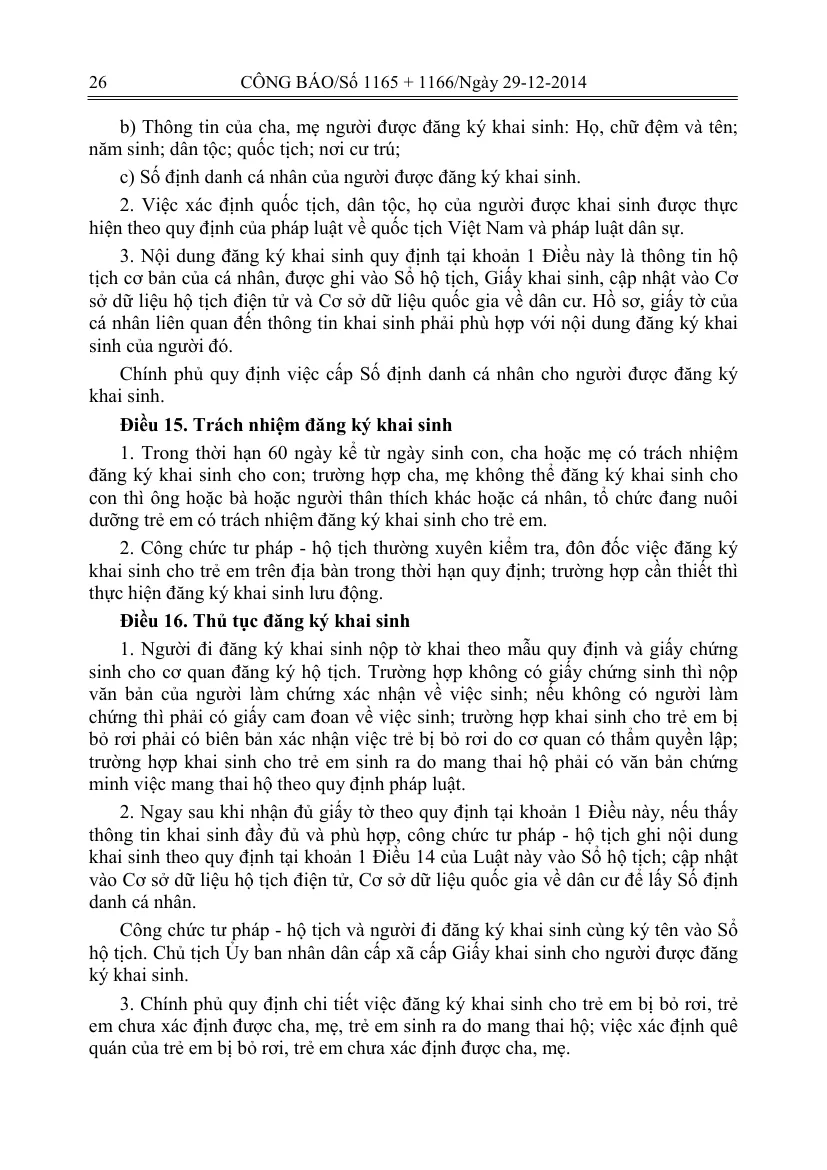 Gazette page of the Law on Civil Status with the birth registration procedure, covering the declaration form, the Birth Notification and the fallback papers.