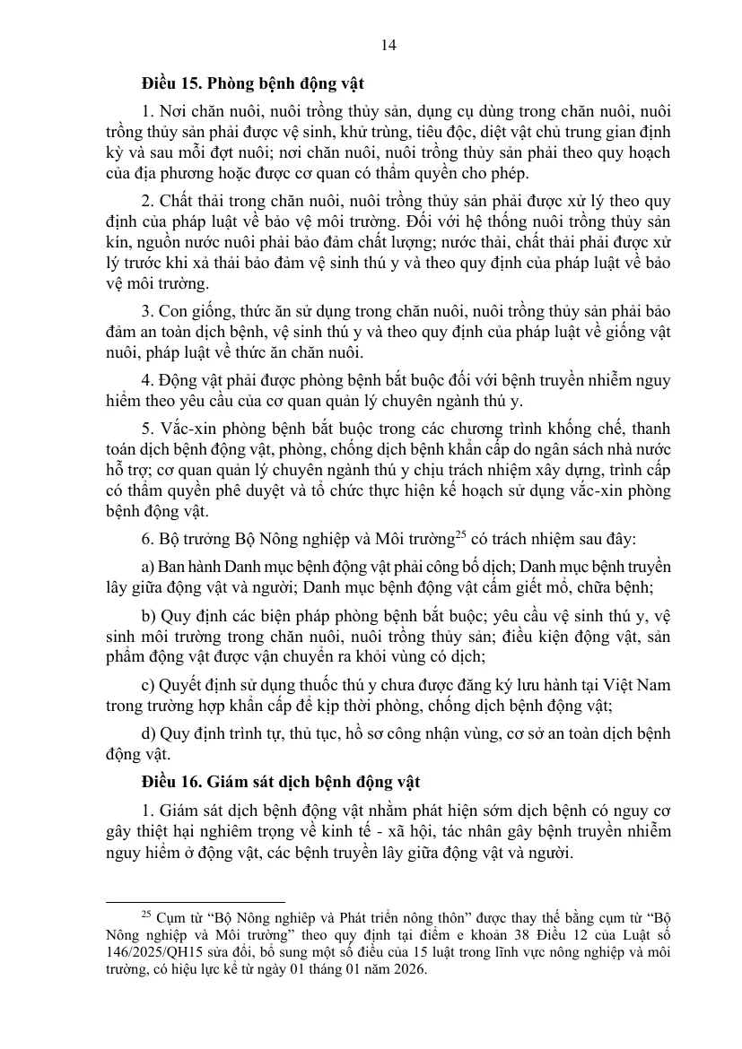 Printed page of a Vietnamese animal health law with numbered clauses on disease prevention for animals.