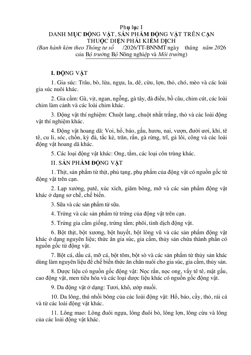 Appendix page of the circular listing animals and animal products subject to quarantine, with livestock, poultry and wild animals in numbered lines.