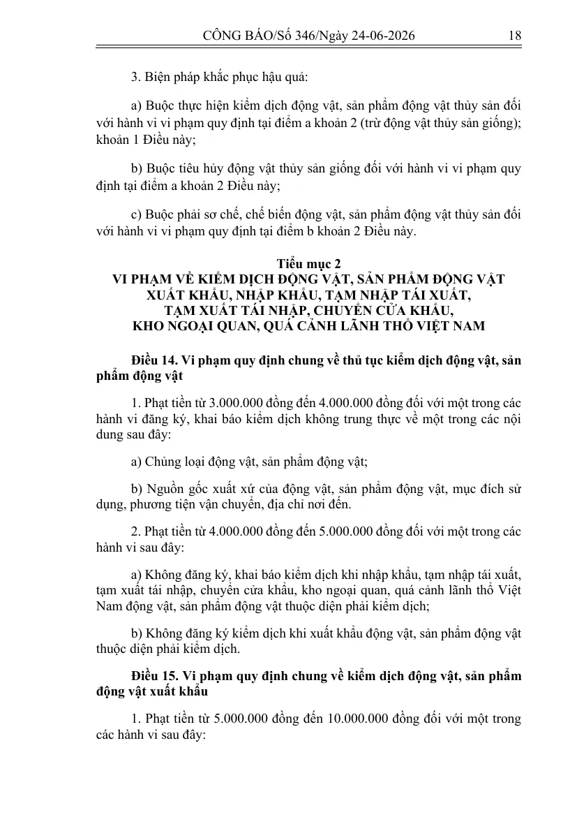 Page of the veterinary penalty decree with the article on fines for failing to register or declare quarantine.