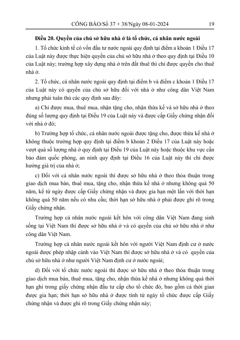 Printed Official Gazette page of the Law on Housing with the article on the ownership term and rights of foreign owners