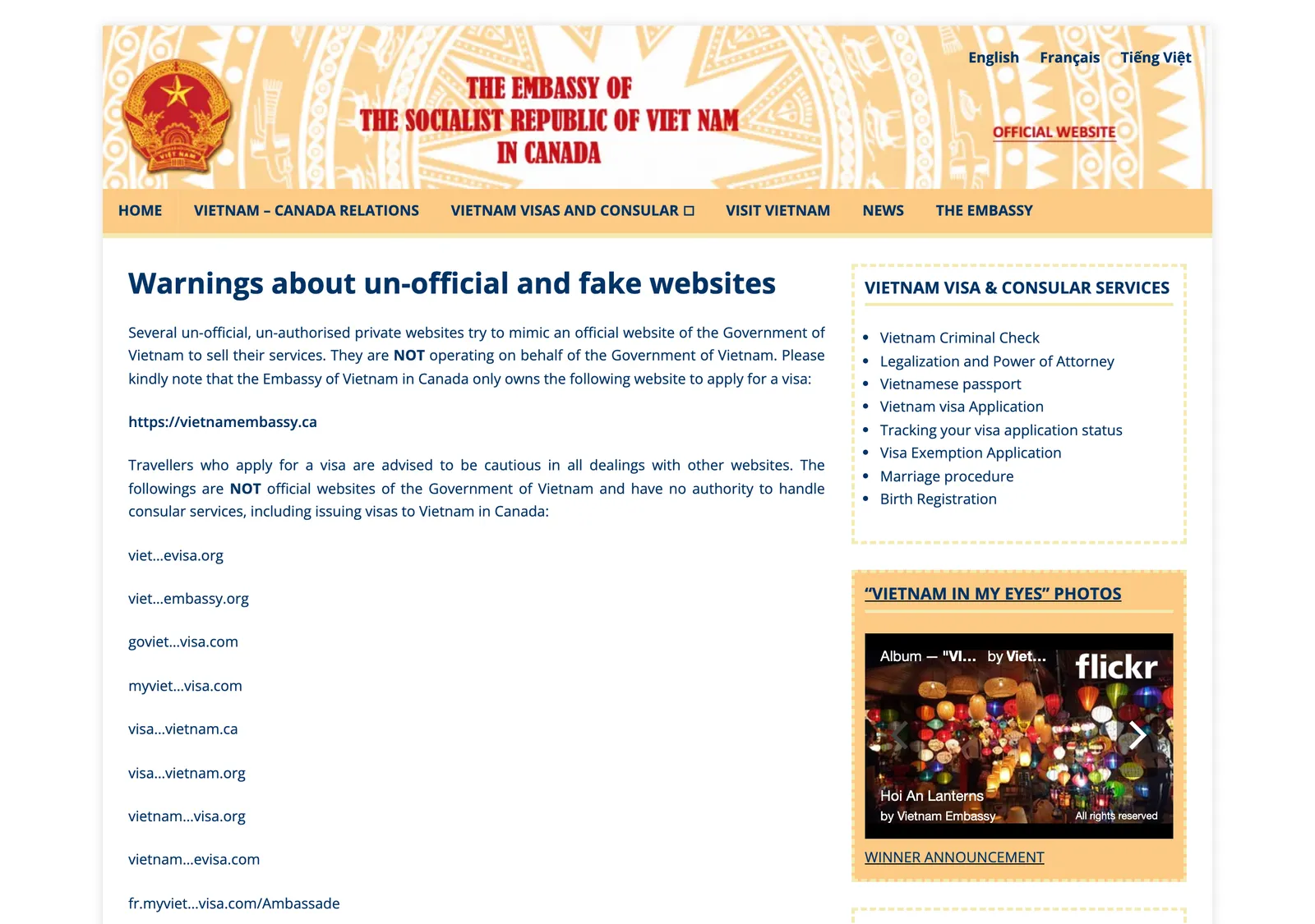 Embassy of Vietnam in Canada web page headed warnings about unofficial and fake websites, with a list of look-alike addresses.