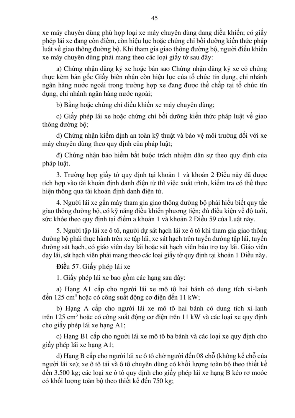 Printed page of the consolidated Vietnamese road traffic law listing the driving licence classes A1, A, B1 and B