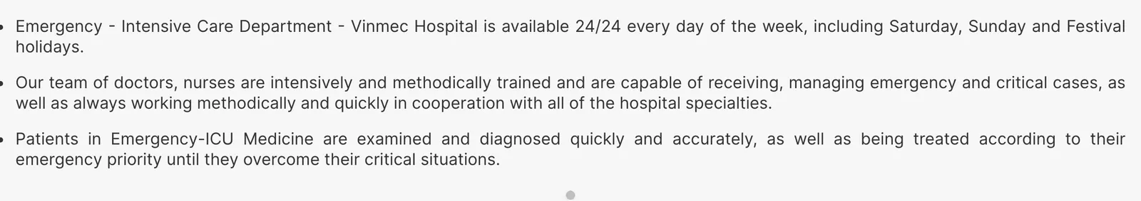 Hospital web page text describing its emergency and intensive care department hours
