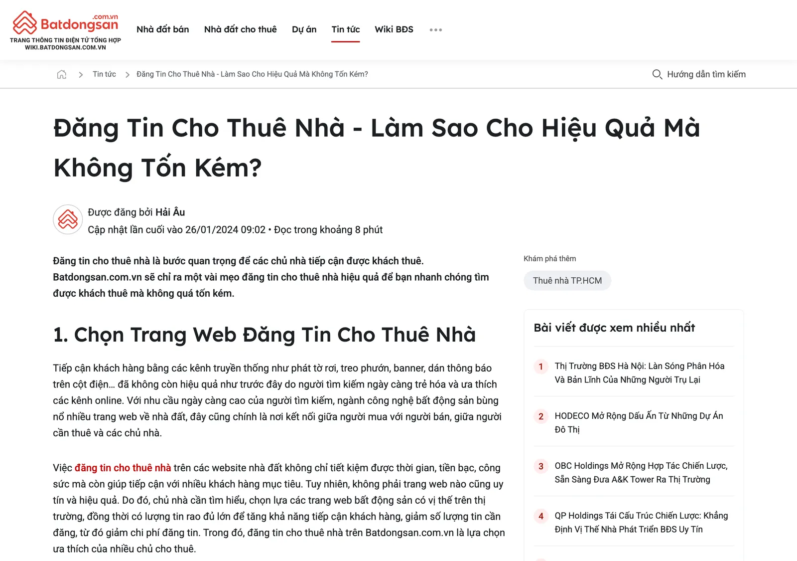 Batdongsan.com.vn wiki article page about posting a rental listing, with the headline and the first section about choosing a listing site