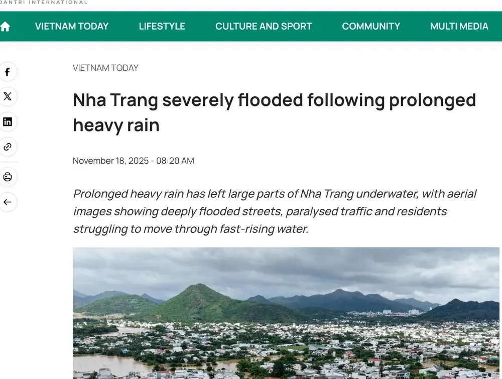 News web page headed Nha Trang severely flooded following prolonged heavy rain, with an aerial photo of a flooded city beside green hills
