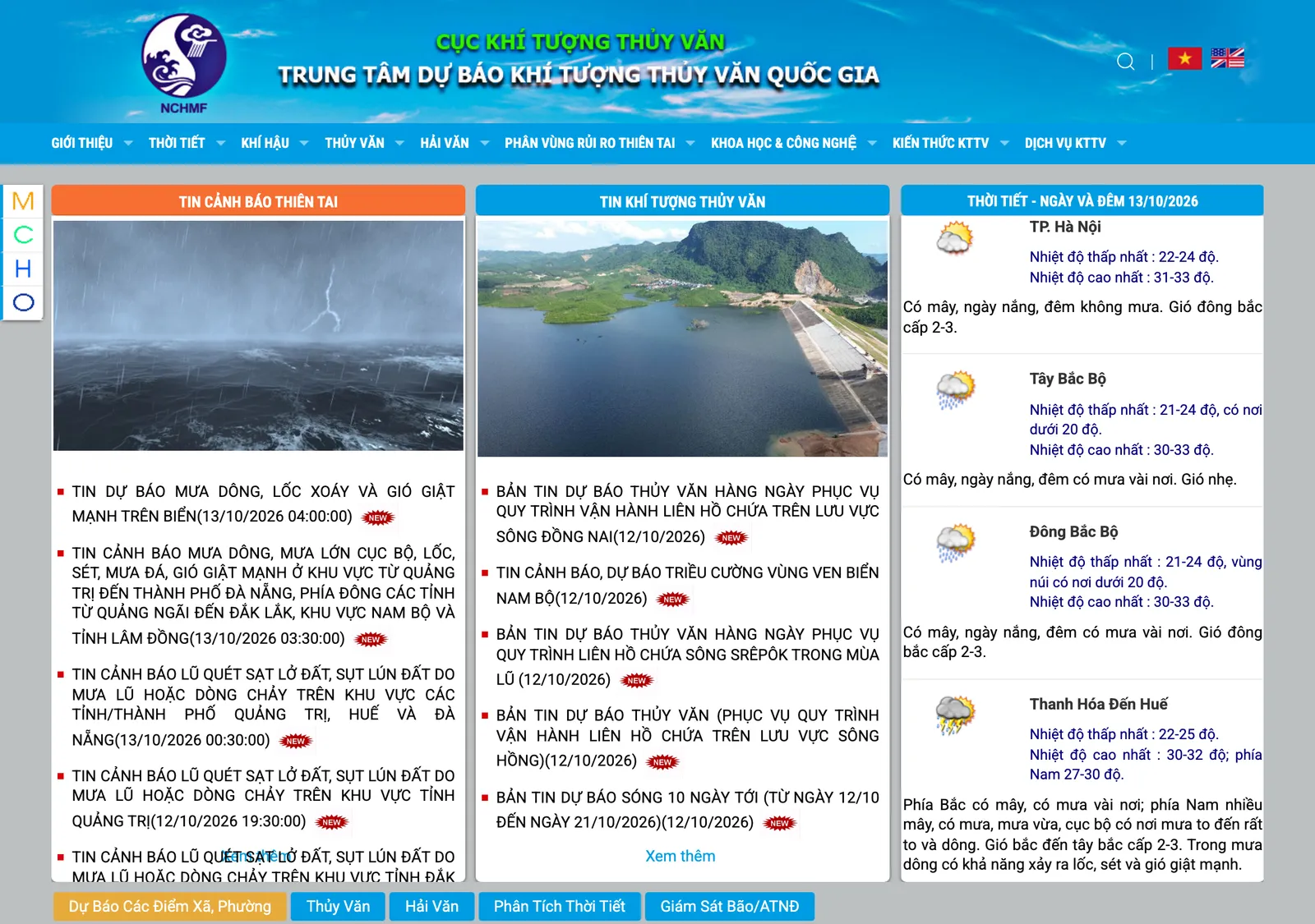 Home page of the national hydro-meteorological forecasting centre with columns of weather, hydrology and warning bulletins and a map of the East Sea