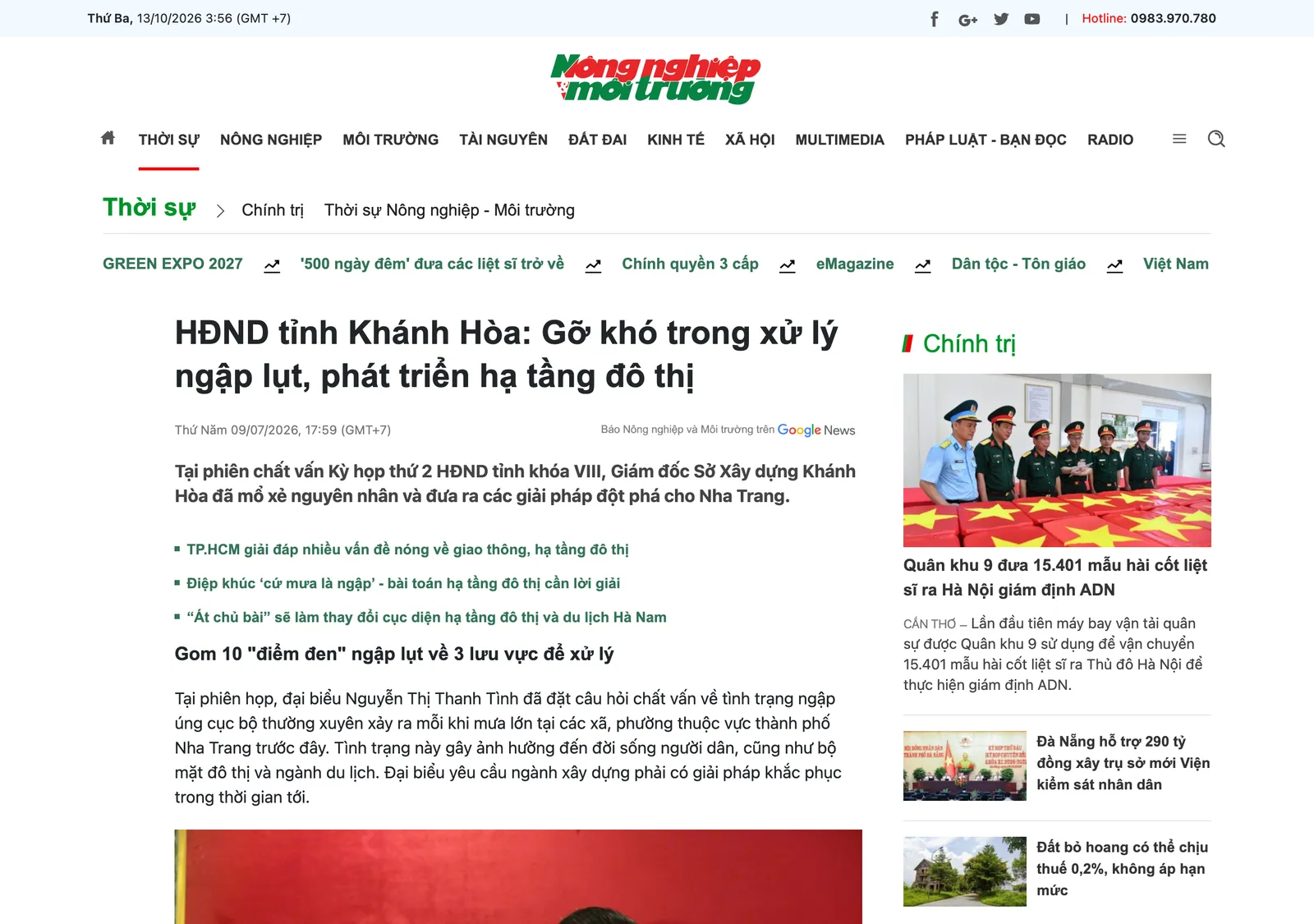 News web page headed HDND tinh Khanh Hoa go kho trong xu ly ngap lut, with the section title about gathering the black spots into three basins
