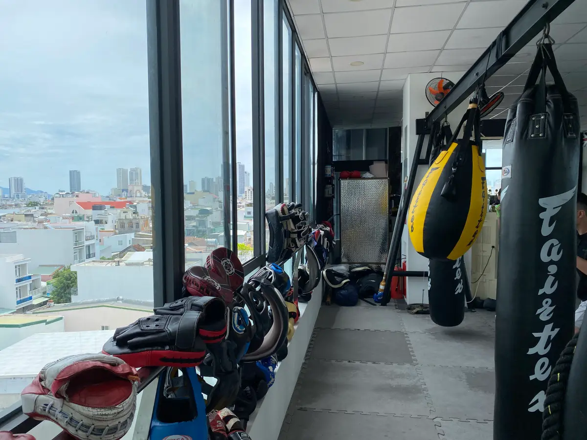Hanging heavy bags and open training floor beside tall windows overlooking the city