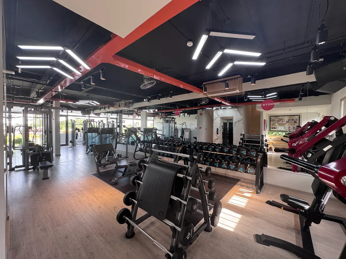Dumbbell racks and machines on a wooden gym floor with long windows