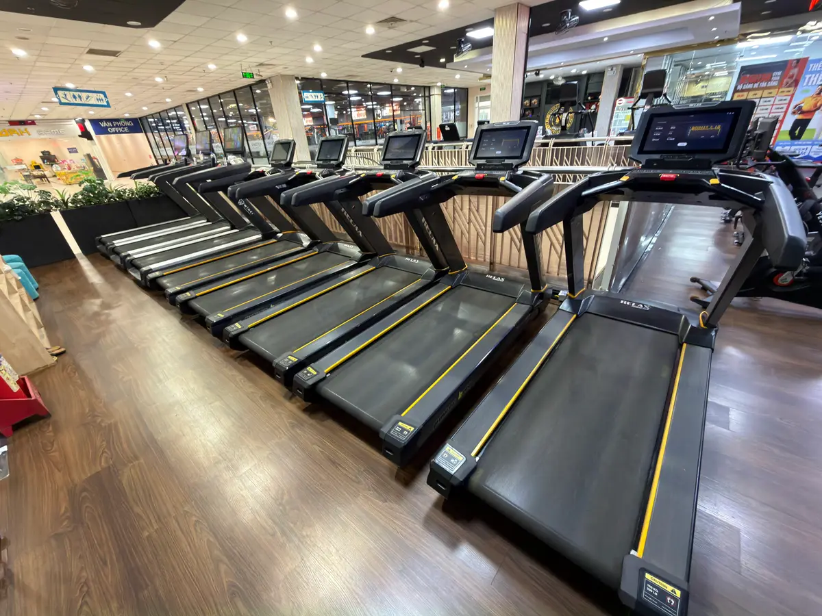 Row of treadmills facing windows in a large gym