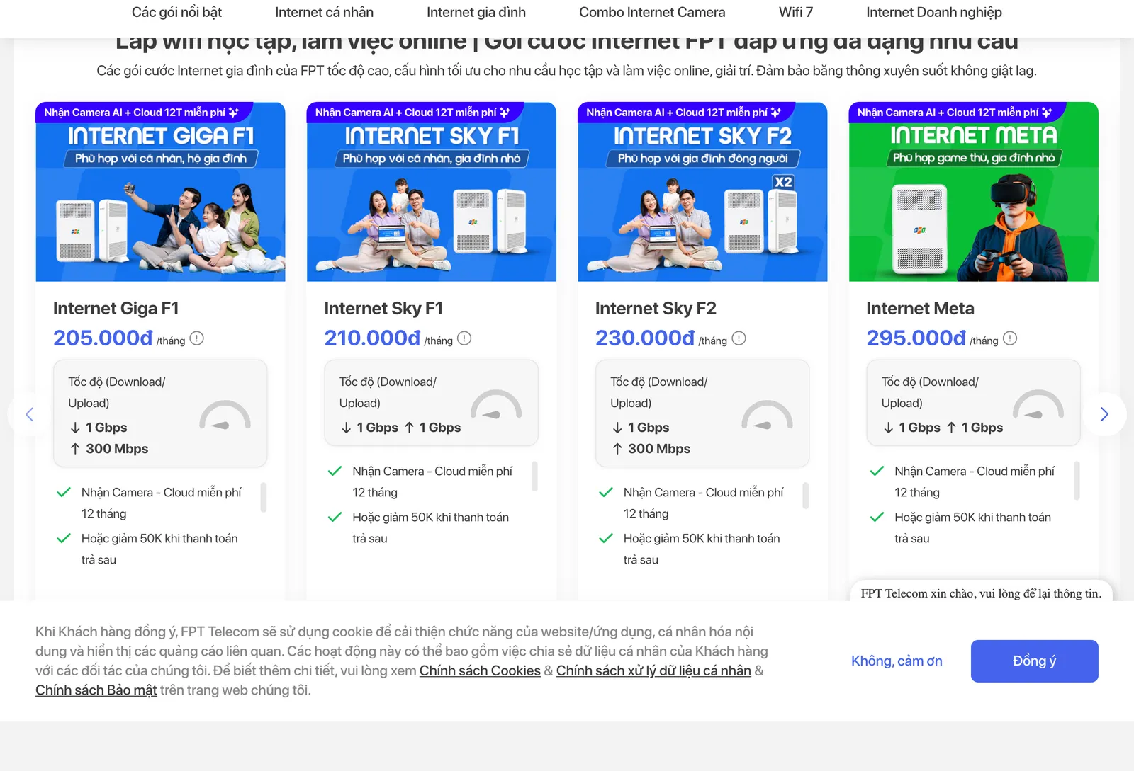 FPT Telecom plan cards with a monthly price, download and upload speed for each home fibre plan