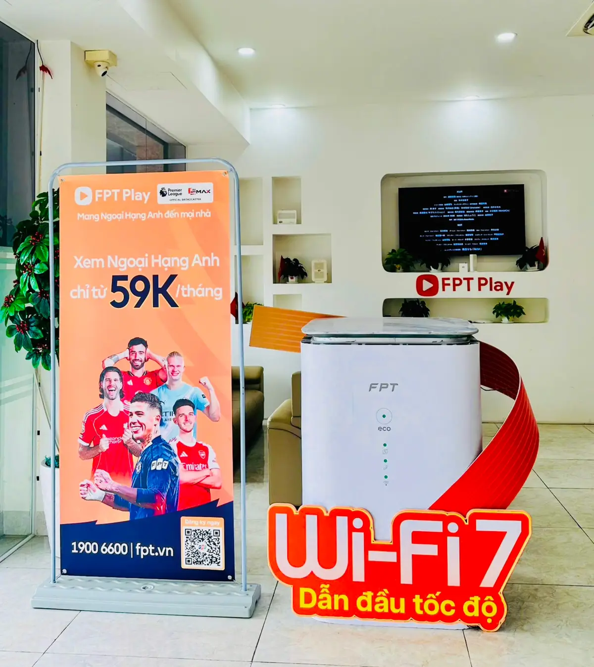 FPT poster showing a white Wi-Fi 7 router next to a stand