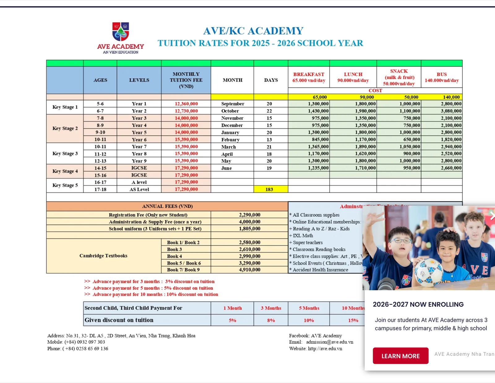 Tuition rate table for the school year with monthly fees by level, meal prices and annual fees