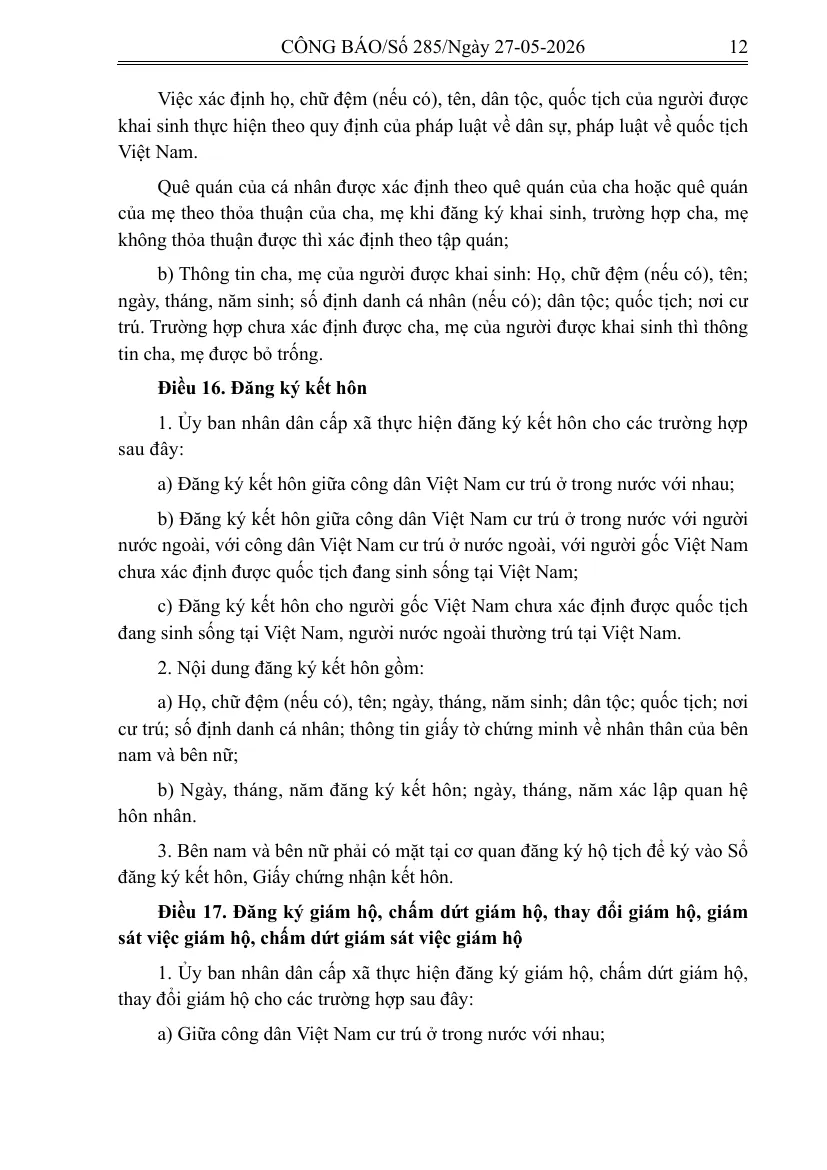 Gazette page of the new Law on Civil Status with the article on marriage registration at the commune level, listing which marriages the ward office registers.