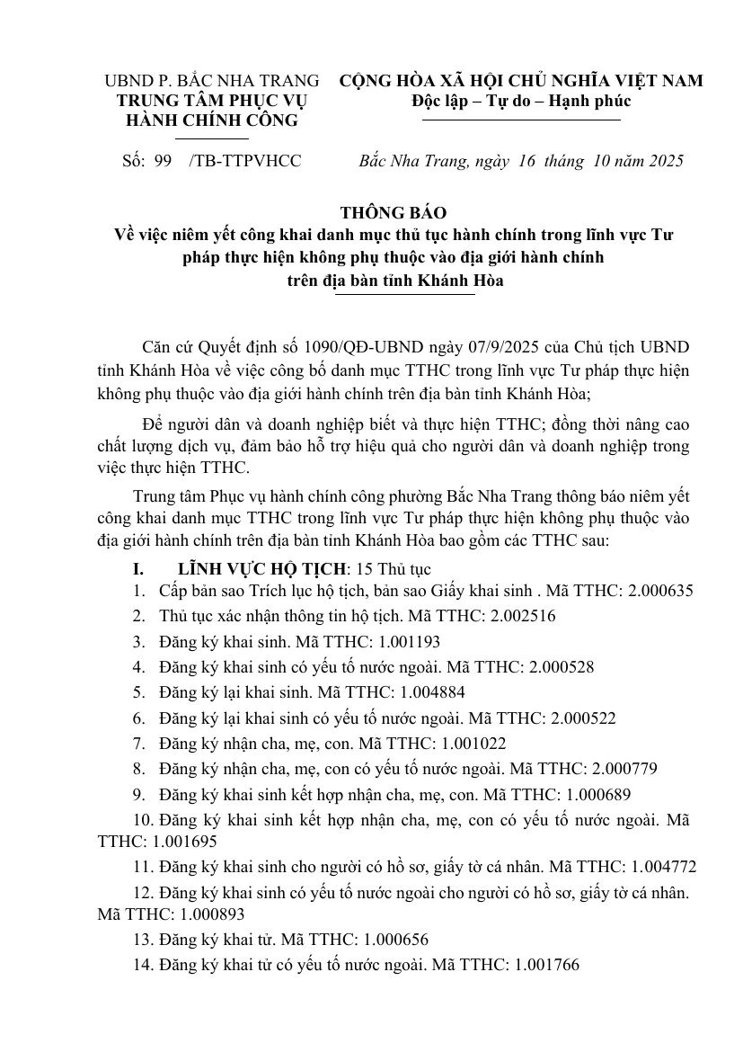 First page of a ward service centre notice listing civil-status procedures that are handled regardless of administrative boundaries in the province, each with a procedure code.