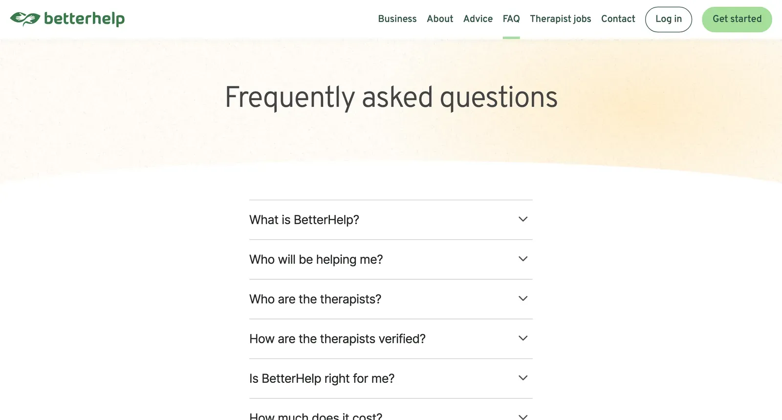Frequently asked questions page of an online therapy service with a list of collapsed questions such as who the therapists are and how much it costs