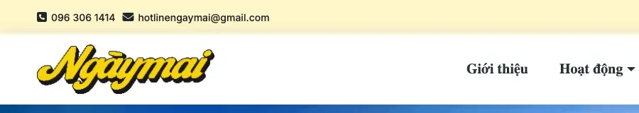 Top of the Ngay Mai website with its yellow logo, a phone number and an email address in the header bar