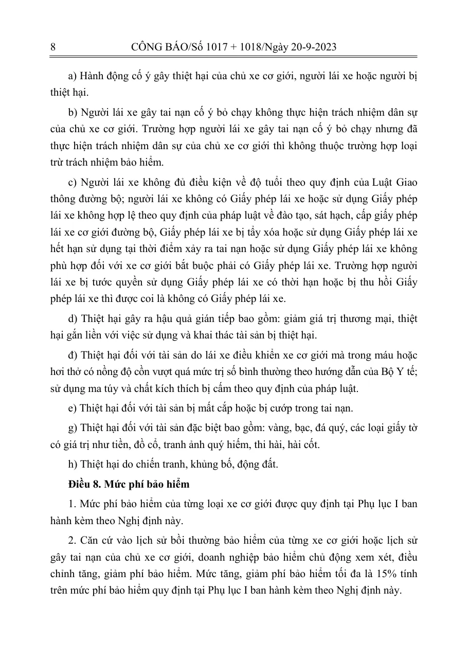Printed Official Gazette page with lettered clauses listing cases where the insurer pays no compensation