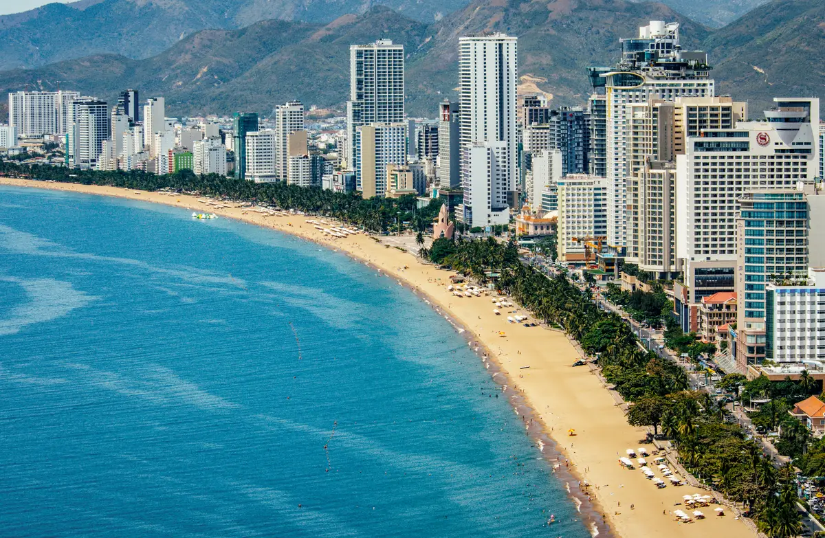 Aerial view of a sandy beach with rows of parasols, a tree-lined road and high-rise towers
