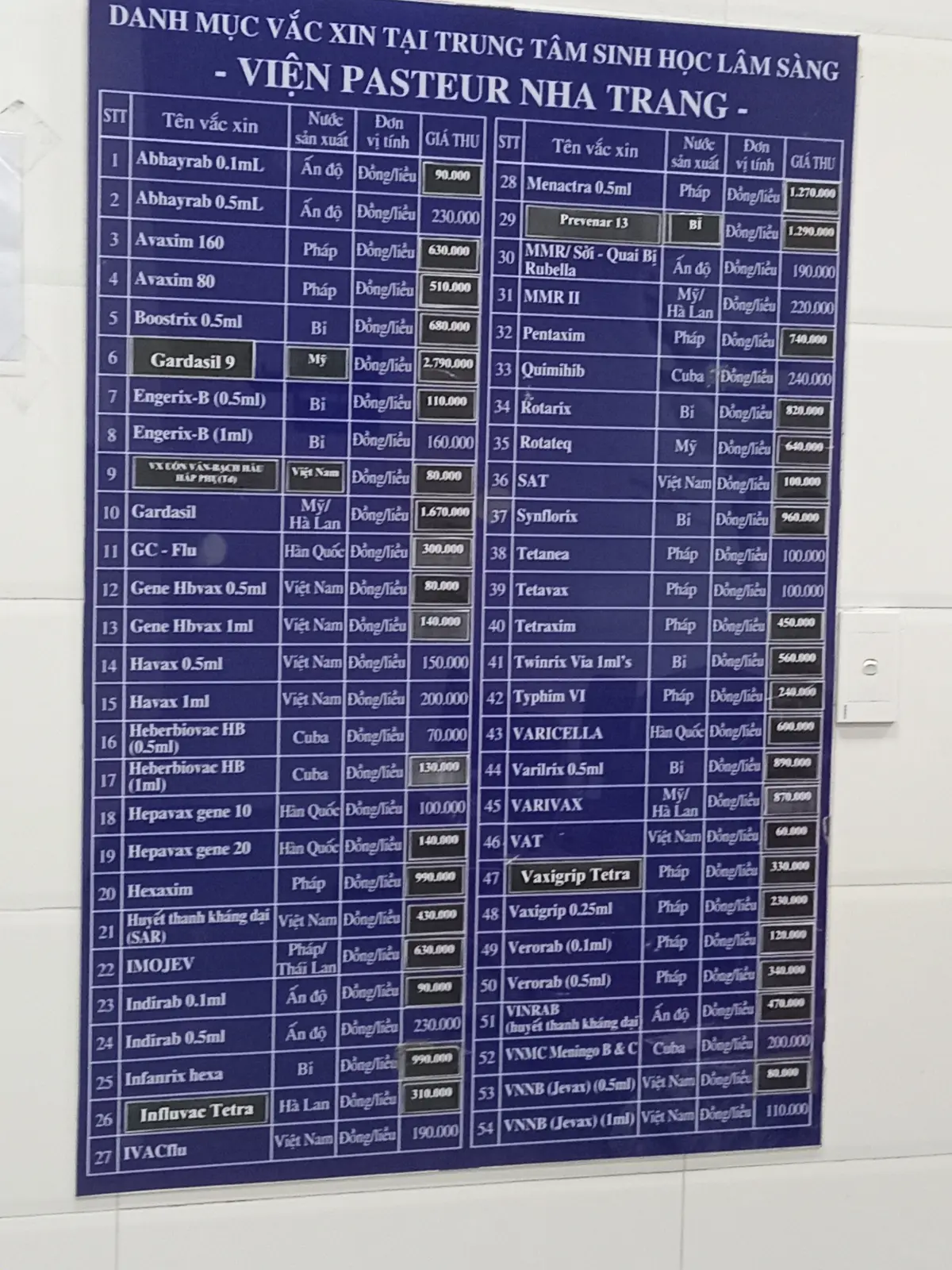 Blue board with a printed vaccine price list on a wall