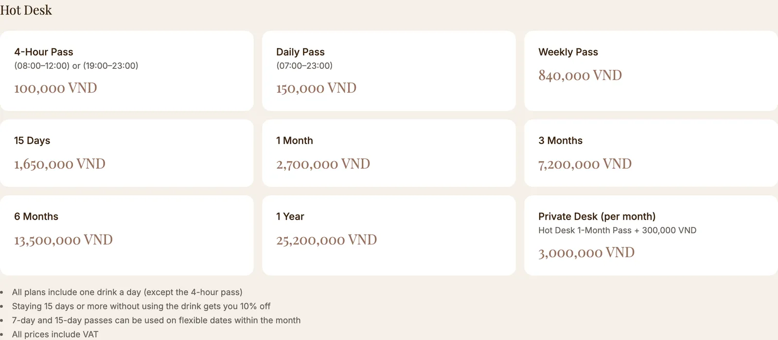 Coworking operator web page with hot desk pass prices