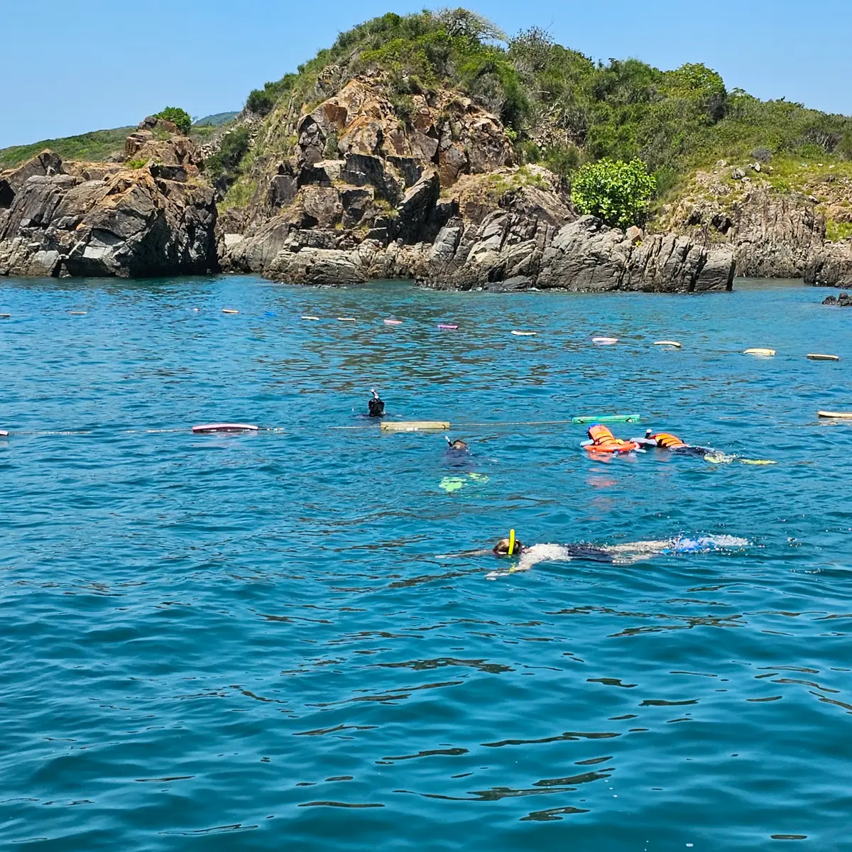 Snorkellers floating in clear blue water beside a rocky headland
