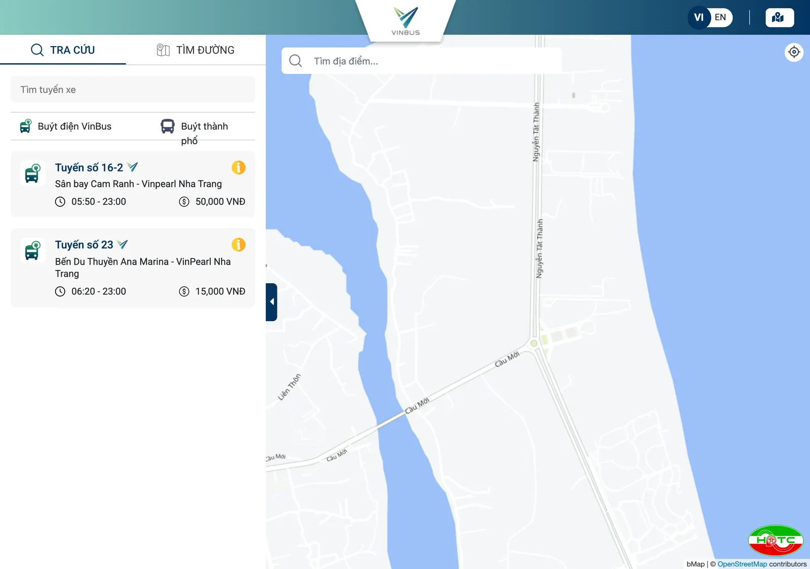 VinBus route lookup page for Nha Trang listing route 16-2 from Cam Ranh Airport to Vinpearl Nha Trang and route 23 with hours and fares