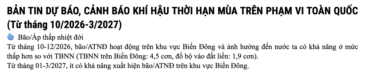 National Center for Hydro-Meteorological Forecasting seasonal bulletin showing its title and the paragraph on tropical storms and depressions in the East Sea