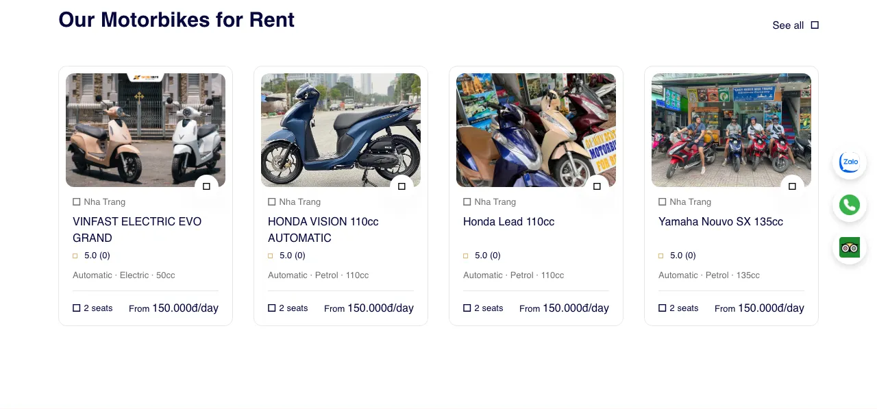 Rental shop web page section titled Motorbikes for Rent showing scooter models with engine size and a daily price on each card