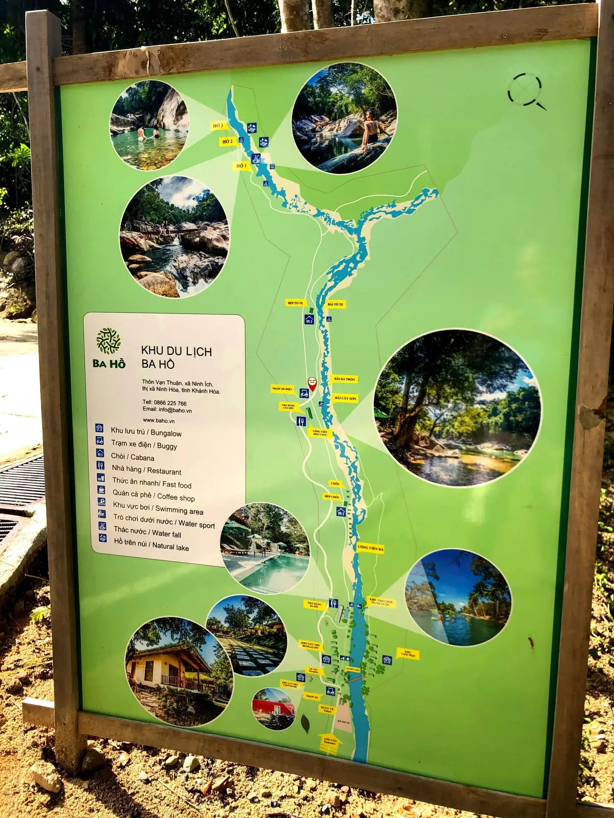 Green map board of the Ba Ho eco-tourism area with a stream route and photo circles