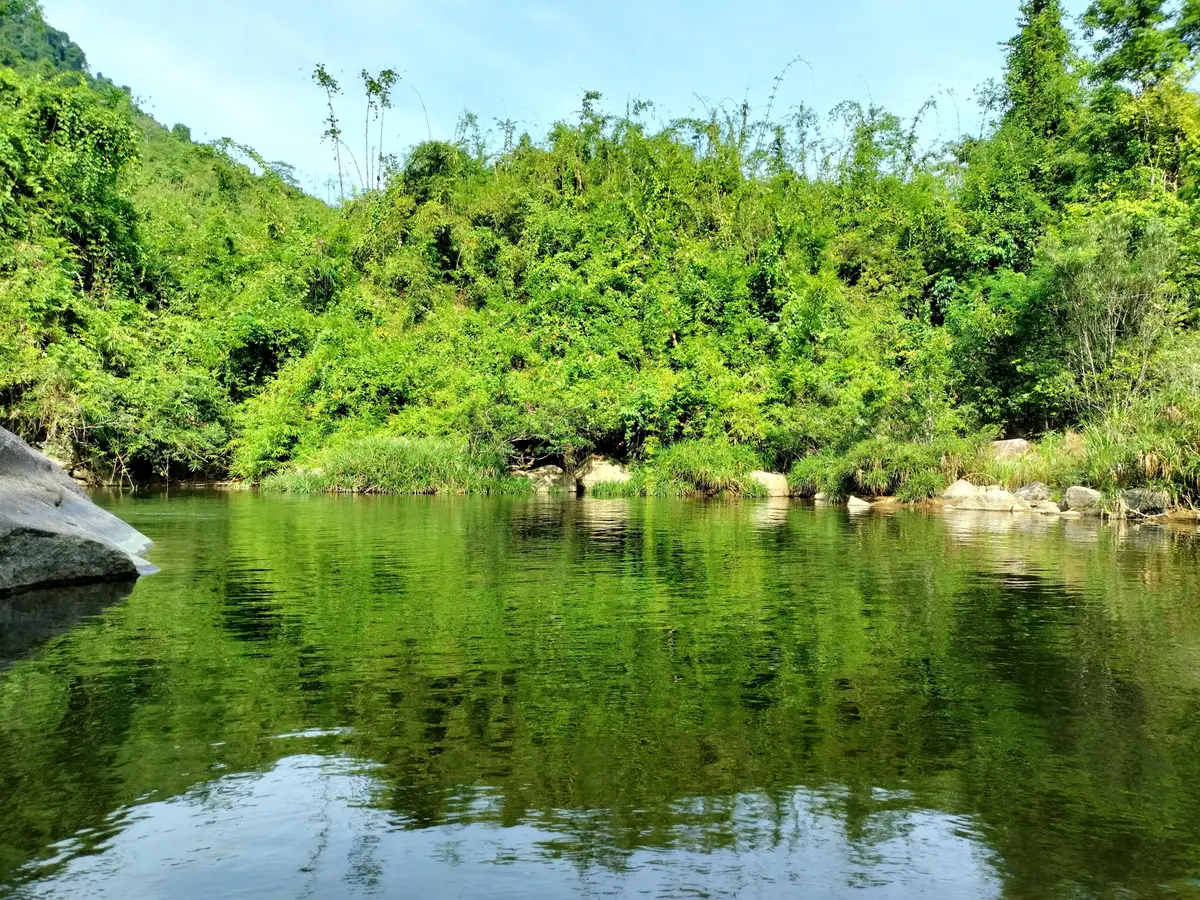 Still green lake bordered by forested hills