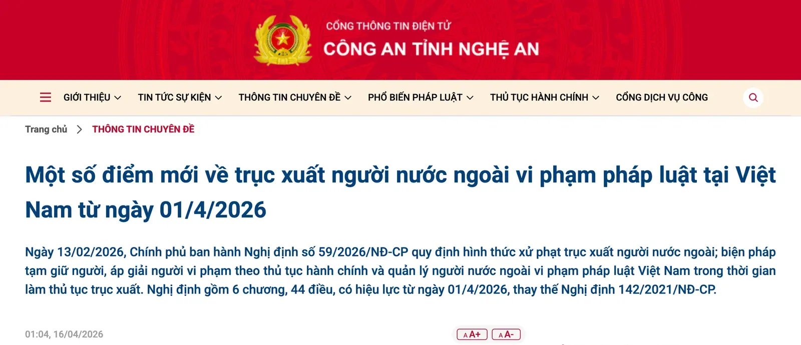 Nghe An Provincial Police page with a headline on new points about deporting foreigners who break the law in Viet Nam.