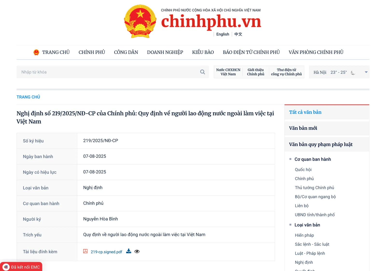 Government document portal page for the decree on foreign workers in Vietnam, with its issue date and an attached signed PDF