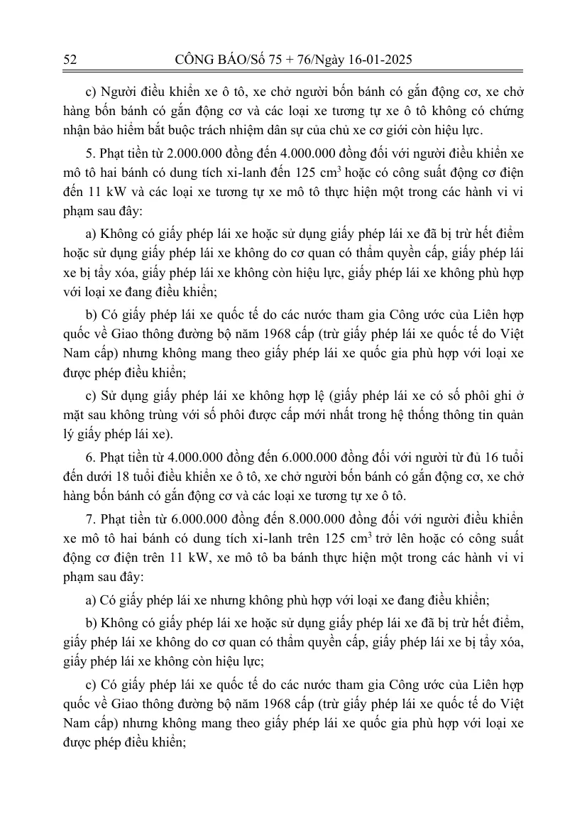 Printed page of the Vietnamese road traffic fines decree with the clauses on riding a motorbike without a licence