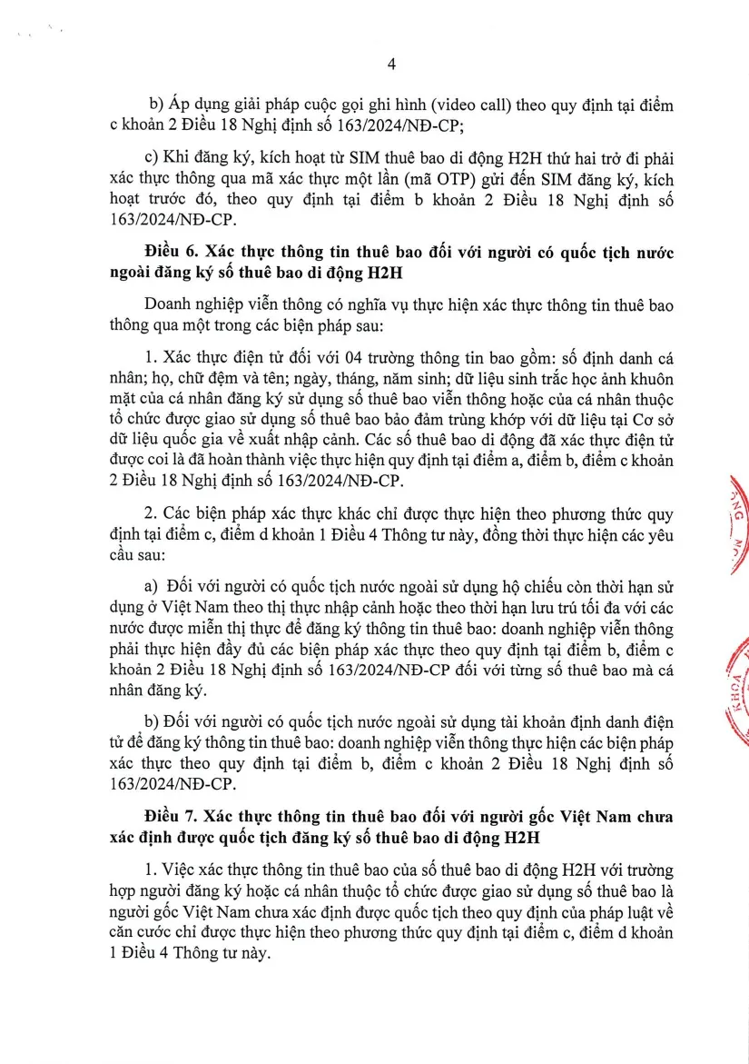 Printed page of a Vietnamese ministry circular with an article on verifying subscriber information for foreign nationals registering a mobile number