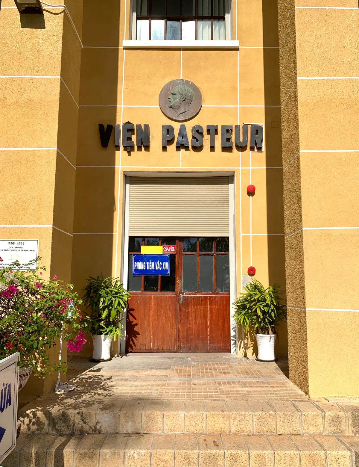 A wooden door under a sign reading Vien Pasteur with a blue notice for the vaccination room.