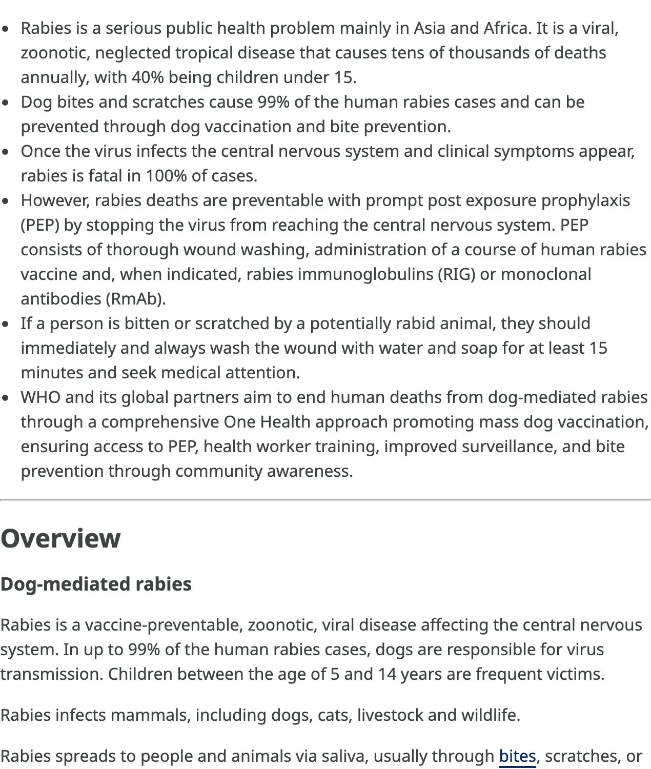 The top of the World Health Organization rabies fact sheet with its key facts about dog bites and treatment after exposure.