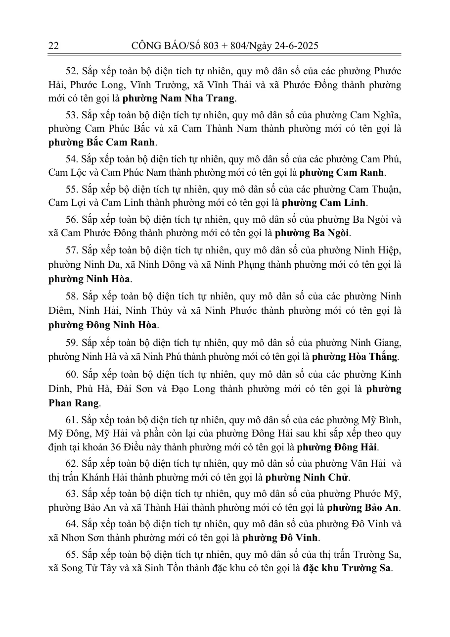 Printed gazette page of the Khanh Hoa commune-level arrangement resolution with numbered clauses that merge wards into new wards