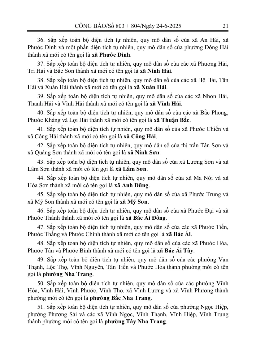 Printed Official Gazette page of the Standing Committee resolution listing the old wards merged into the new Nha Trang, Bac Nha Trang and Tay Nha Trang wards