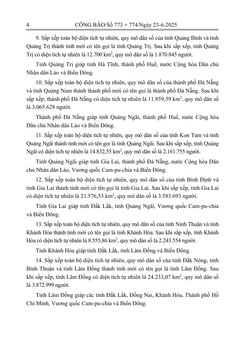 Printed Official Gazette page of the National Assembly resolution with the paragraph merging Ninh Thuan and Khanh Hoa provinces