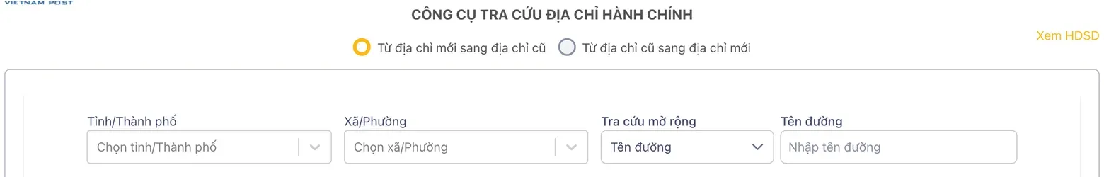 Vietnam Post address lookup tool with two options, new to old address and old to new address, and province and ward drop-downs