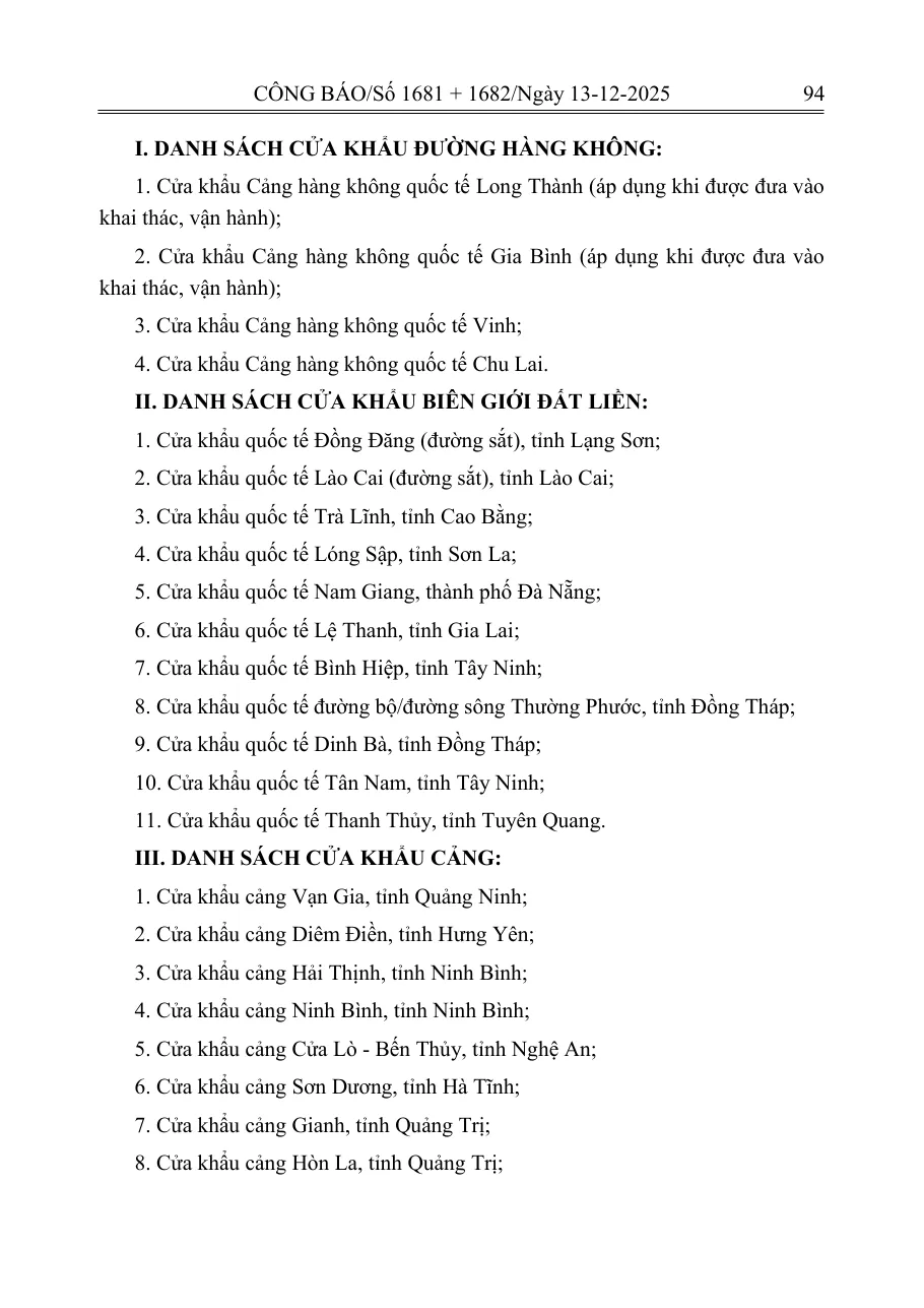 Official Gazette page of Resolution 389/NQ-CP with the list of air gates, including Long Thanh and Gia Binh airports.