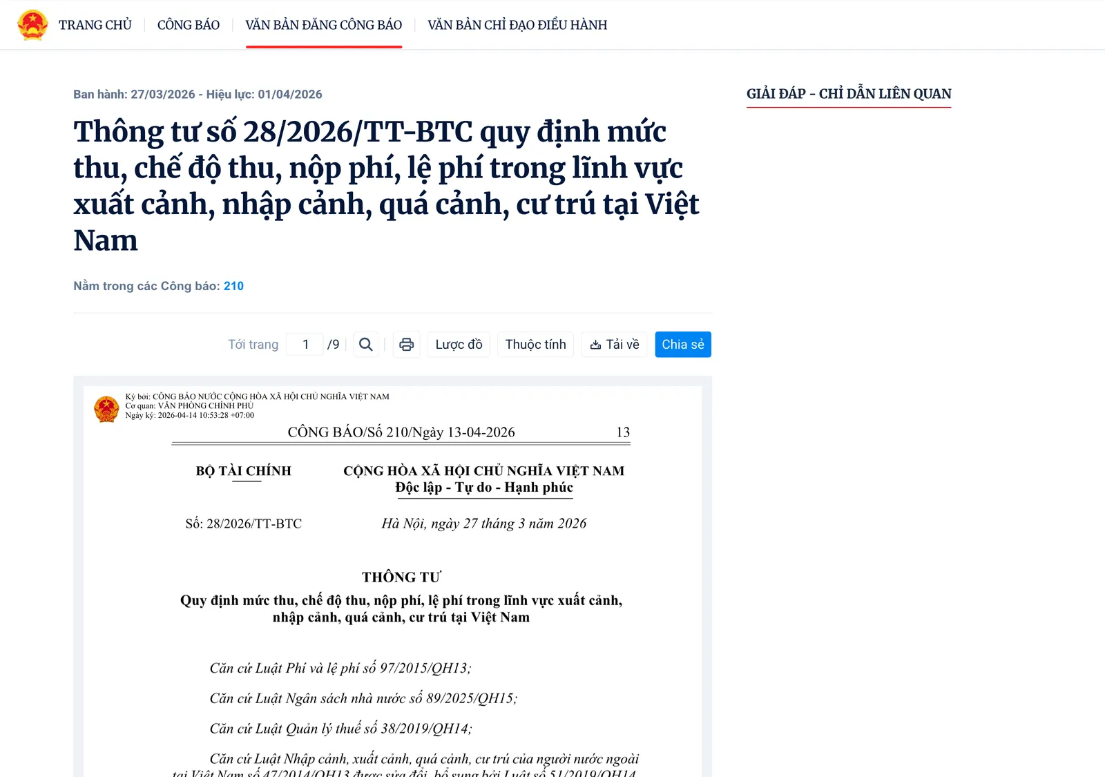 Government Gazette listing page for the Ministry of Finance circular on fees for visas and residence in Vietnam, with its title and dates above a scanned image of the circular's first page showing the Ministry letterhead.