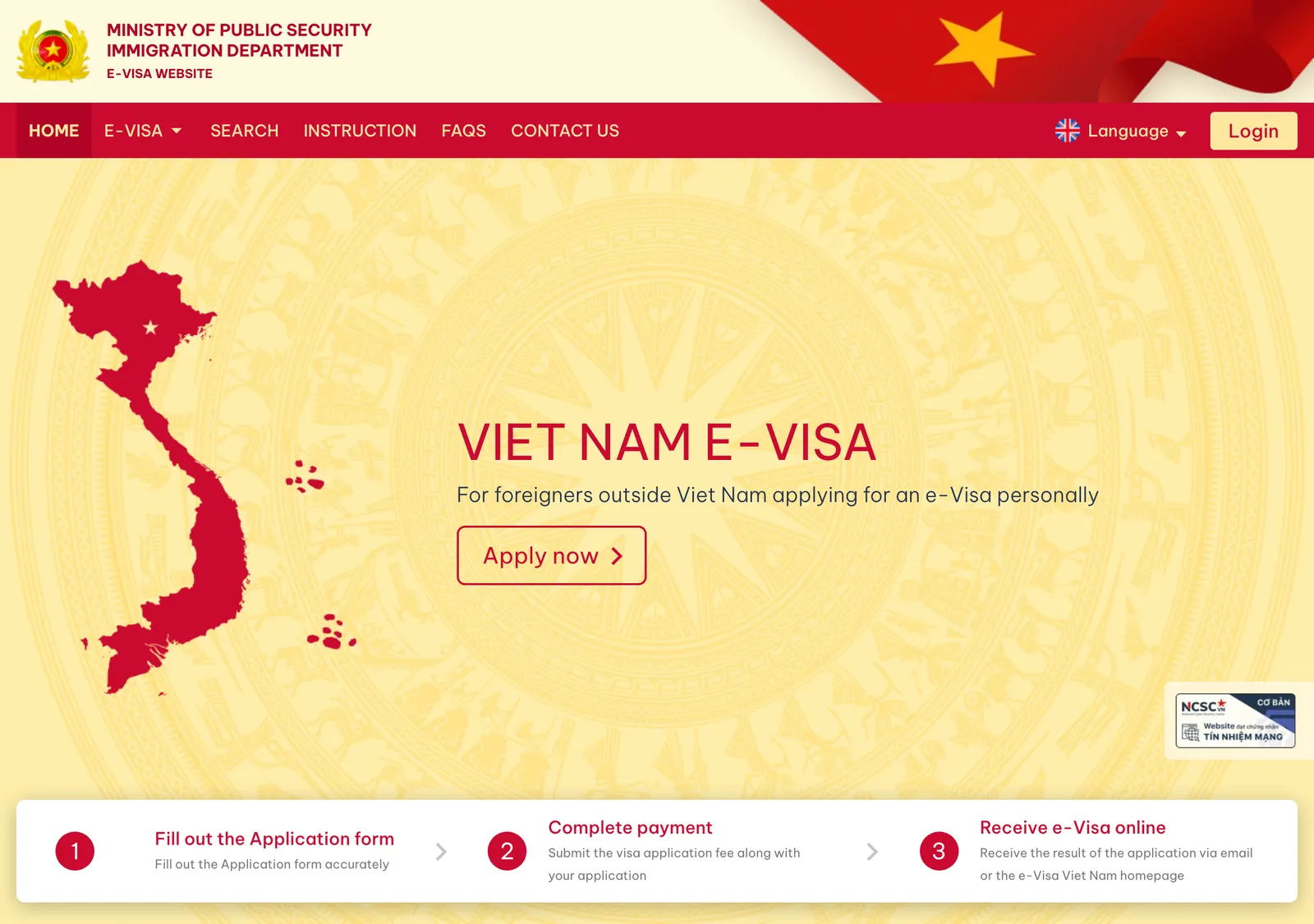 The Vietnam e-visa portal homepage with a red map of Viet Nam, an Apply now button and three steps: fill out the application form, complete payment and receive the e-visa online.