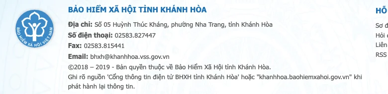 Footer of the Khanh Hoa social insurance portal with the office name, address, telephone, fax and email.