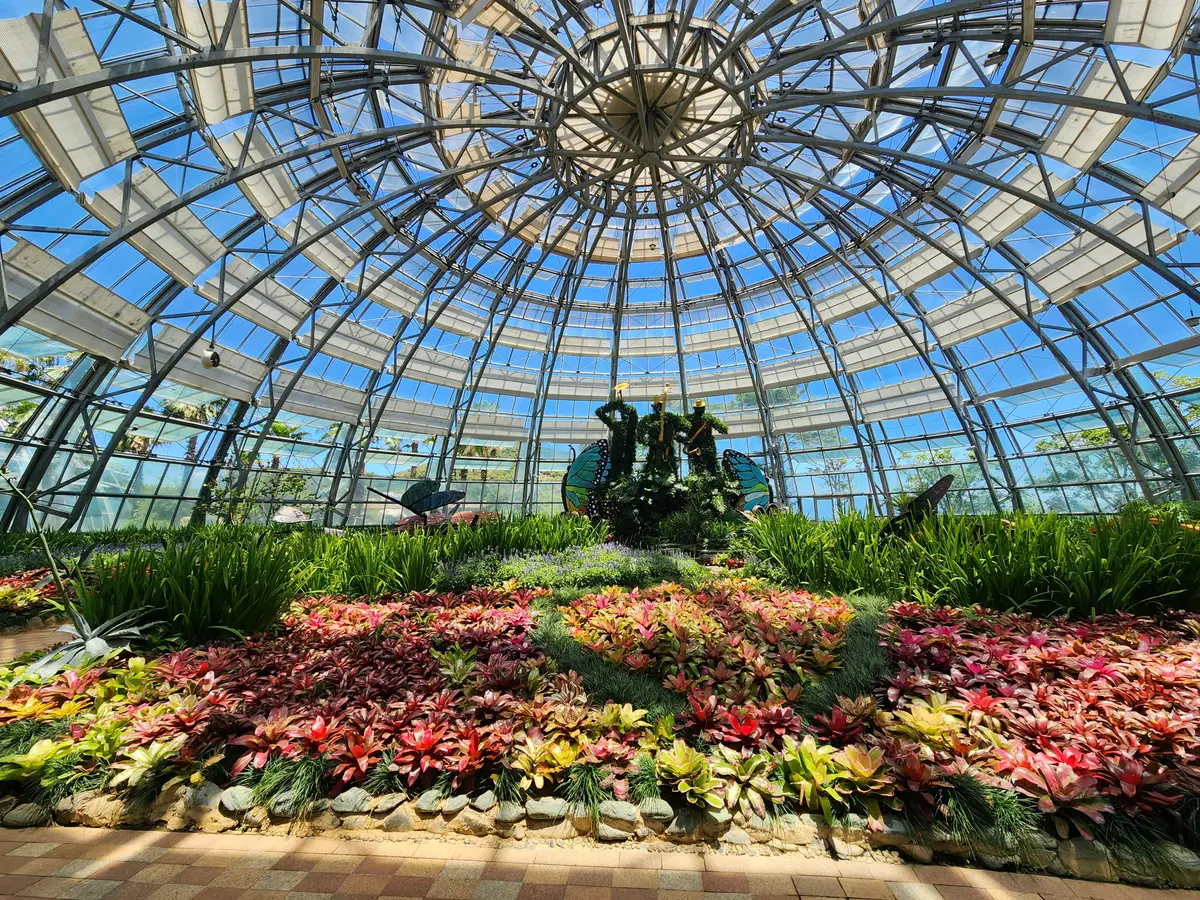 Glass dome greenhouse over a garden bed of red and yellow plants