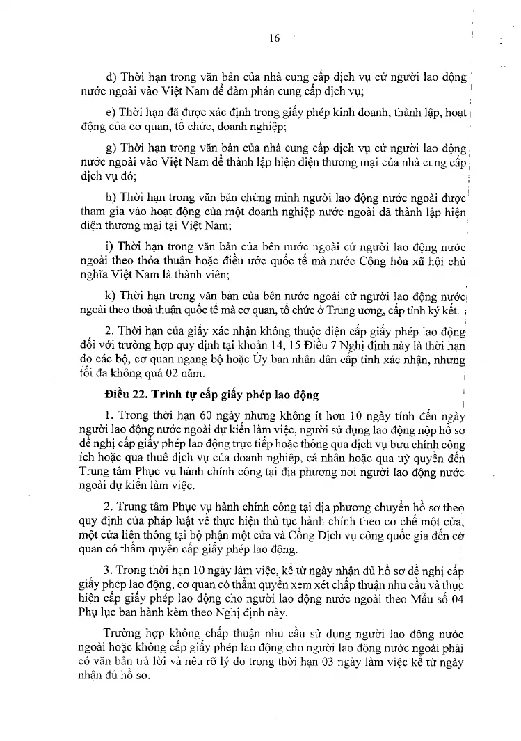 A printed page of the signed decree with the articles on how long a work permit lasts and where the employer files